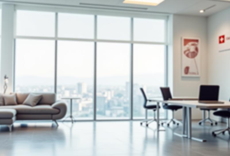 Modern office space with Swiss flag subtly visible