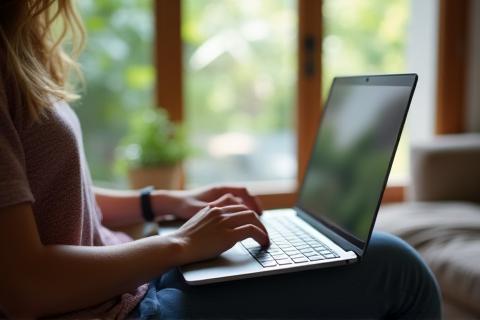 Person working on laptop with a travel background